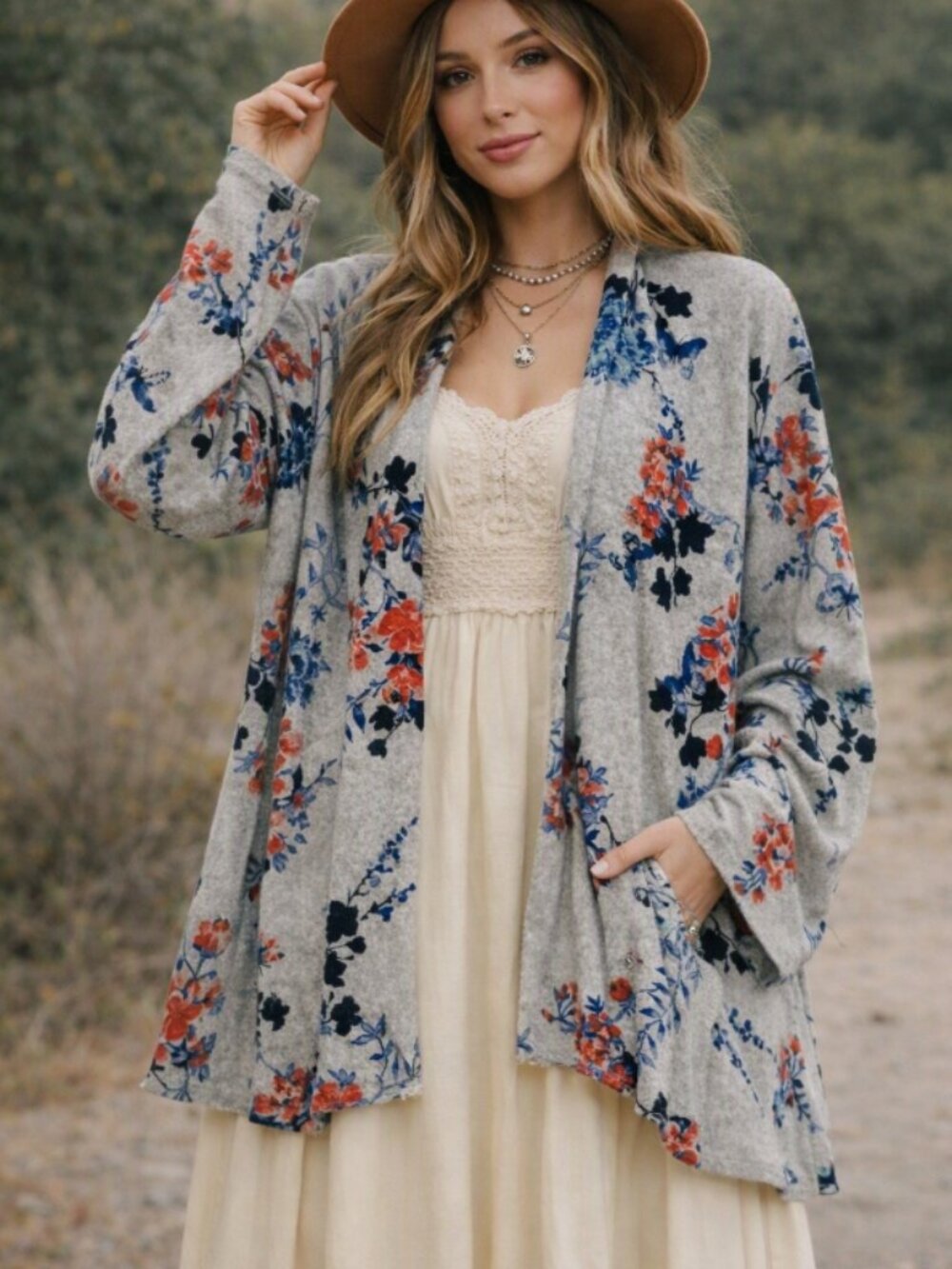 The Look Gray Blue Pink Floral Open‑Front Cardigan Sweater L Boho Cottagecore
